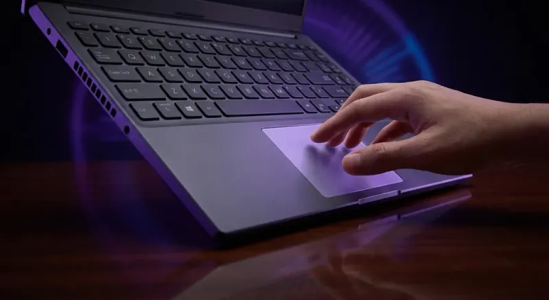 Closeup of modern laptop touchpad with gesture controls and precision tracking technology