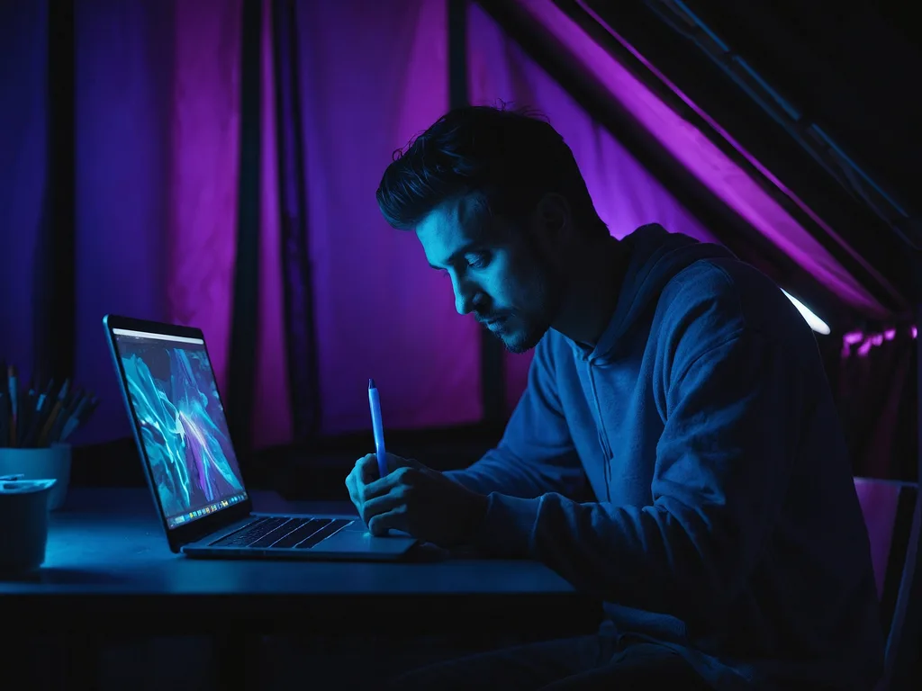 Seorang designer kreatif menggunakan laptop touchscreen dengan pen stylus, melukis pada skrin dalam mod tent