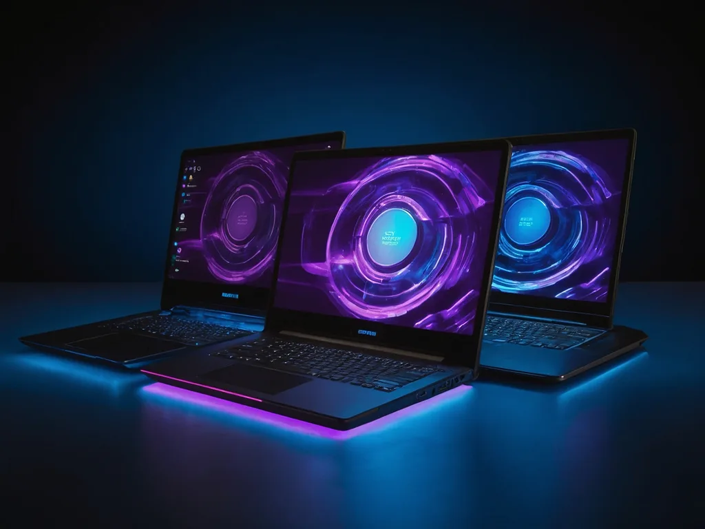 Tiga laptop touchscreen bajet disusun dalam susunan kipas di atas permukaan gelap berkilat