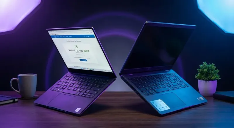 Skrin laptop Dell menunjukkan Service Tag untuk warranty check